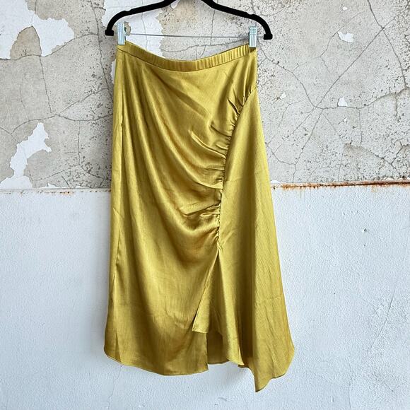 Satin Midi Skirt Ruched Chartreuse Asymmetric Hem Current Air Anthropologie NWT - Picture 1 of 6